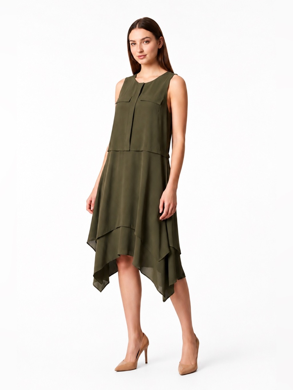 H&M Dress Asymmetrica, Size 2, Olive Green Sleeveless Layered l Hem